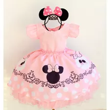 Vestido Infantil Minnie Rosa Princesa Luxo 1 A 3