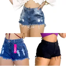 Kit 3 Shorts Feminino Jeans Cintura Alta+ Cinto 