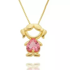 Colar Com Menina Pingente De Menina Rosa Banhado A Ouro 18k