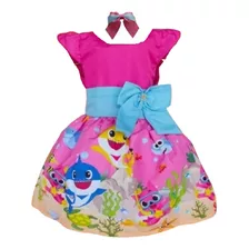 Vestido Temático Baby Shark Rosa Azul + Laço 