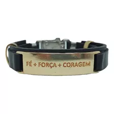 Pulseira Executiva Masculina Couro Luxo Fé + Força + Coragem