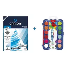 Kit Aquarela Pastilha 24 Cores + Bloco Canson 300g A4 12 Fls