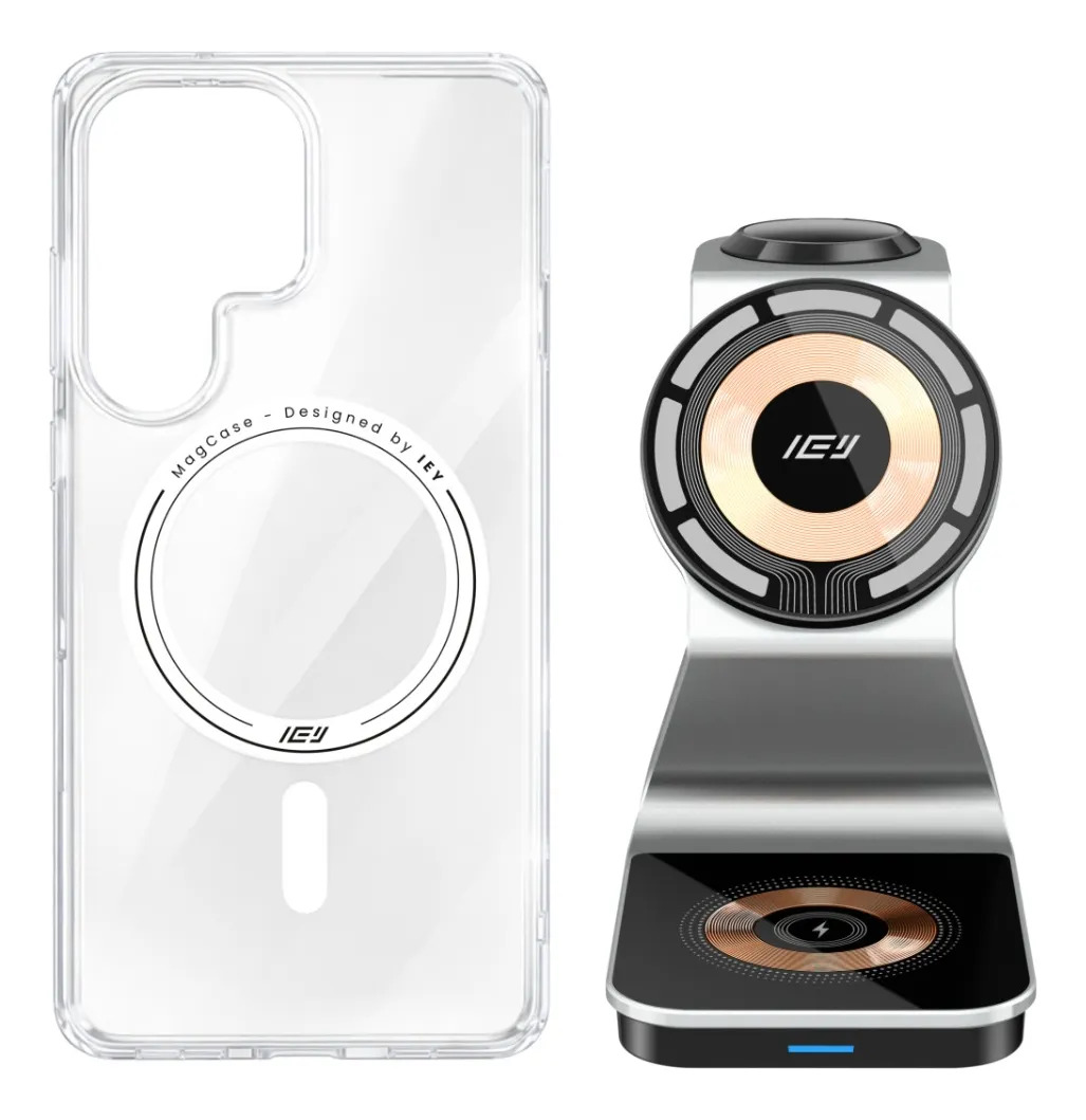 Funda Magnética Samsung Clear + Cargador Inalámbrico 3 En 1 Plateado Transparente