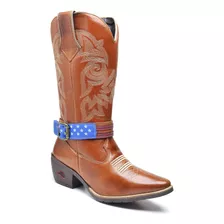 Bota Texana Feminina Cano Alto Bico Fino Couro Country 