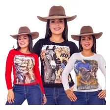 Kit 3 Camisetas Manga Longa Muladeiros Feminina Country
