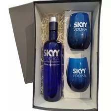 Vodka Skyy Todos Estuche + 2 Vasos Copones Azules Sin Tallo