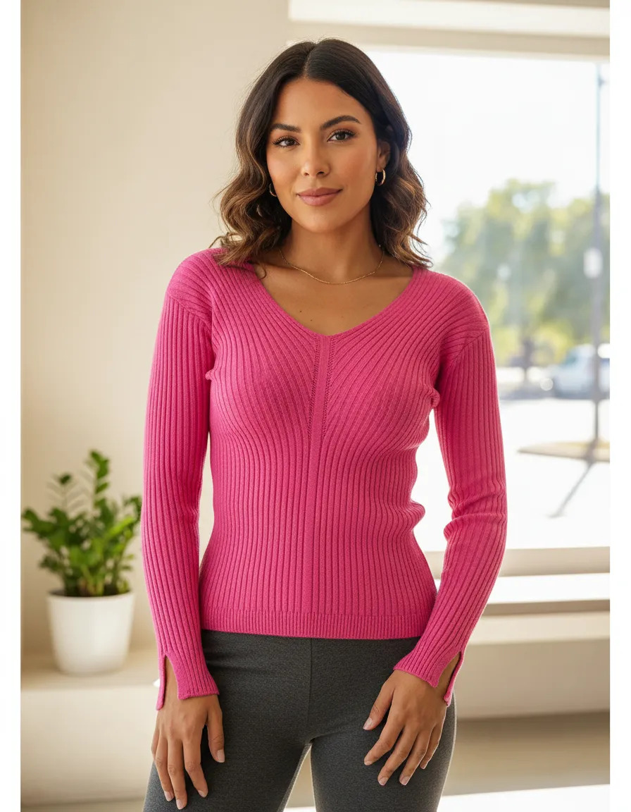 Sweater Premium Slim Lana, Mangas Con Tajo, Dama, Elastizado Fucsia U