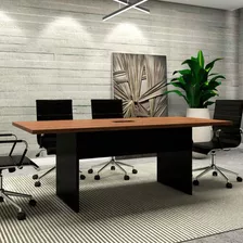 Mesa De Reunião Corporativa 200cm X 90cm C/ Caixa De Tomada Cor Nogal Com Preto