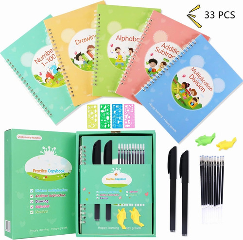 LONBPJAJOVGKNOIS 5 Magic Práctica Copybook Set+4 Drawing Rulers+20 Repuestos