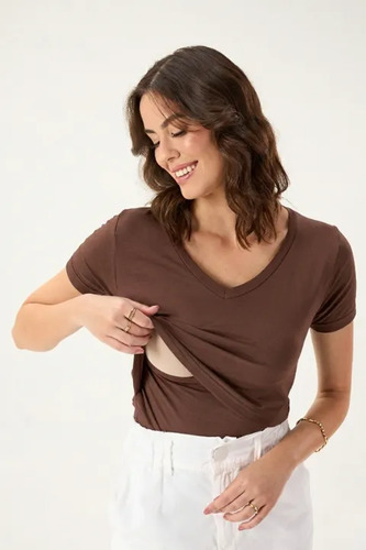 Blusa Amamentação Marrom Gola V Camiseta Pós-parto Premium Marrom Gg