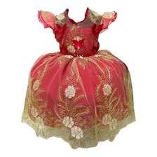 Vestido Infantil Vermelho Renda Aplique Borboletas Pérolas