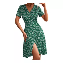 Vestido Mujer T2 Casual Cruzado Cuello Pico Estampado Floral