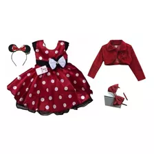 Vestido Minnie Vermelho Infantil Luxo 2 Tiaras E Bolero 1-3