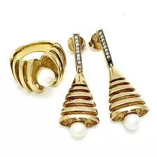 Anel E Brincos Pérolas Cravejados Banho De Ouro 18k 871 872