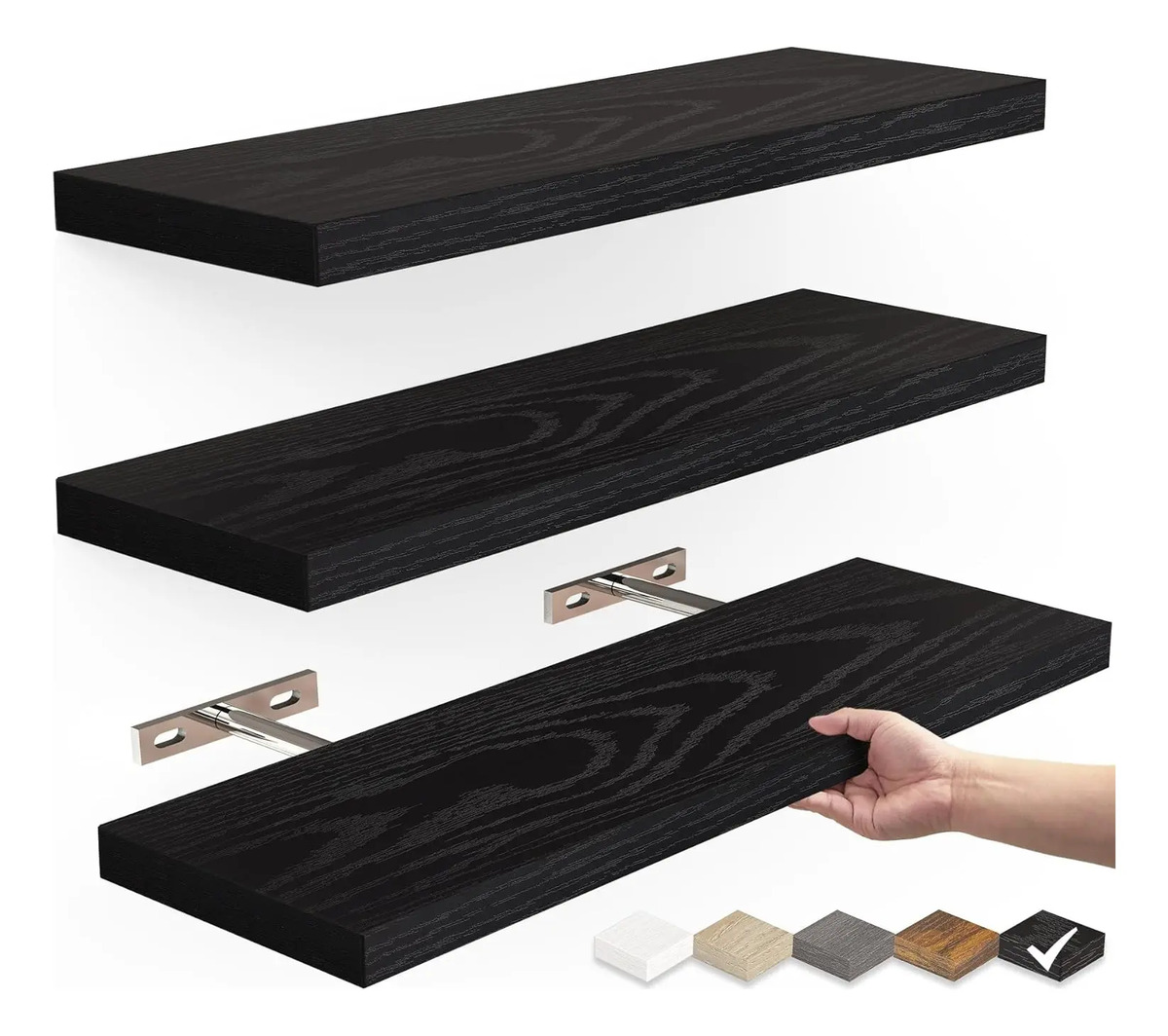 Repisas Flotantes De Madera Mdf Premium Kit X3 Colores – variante Negro