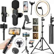 Kit Tripé Luz Bastão Microfone Sem Fio Para iPhone Filmagem