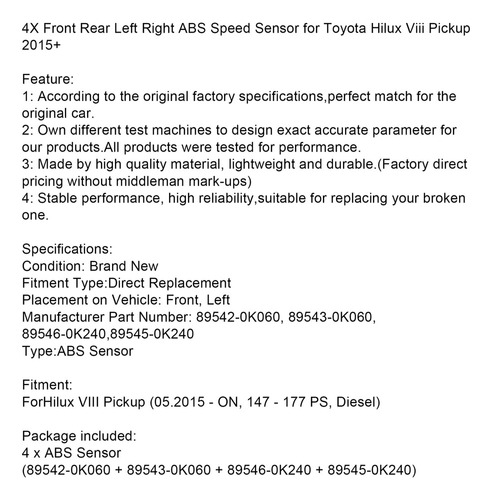 4 Sensores De Abs Para Toyota Hilux Viii Pickup 2015+ Foto 10