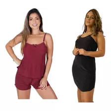 Kit Camisola Alça E Baby Doll De Liganete Malha Fria Pijama