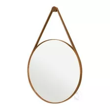 Espelho Redondo Decorativo 60cm Alça De Couro Costura Branca Cor Da Moldura Caramelo