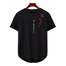 Camiseta De Hombre Corte Fit Long Floral Con Letra Japonesa