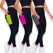 Kit 3 Calças Leg Legging Com Bolsos Fitness Academia Treino