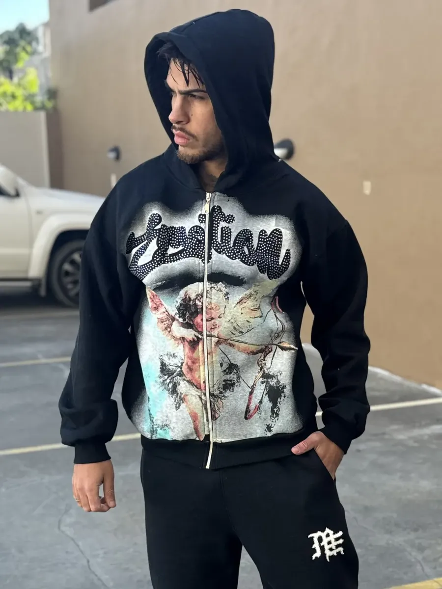 Campera Mixed Emotion Angelito Canguro Capucha Negra Hombre Negro L Liso
