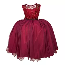 Vestido Infantil Marsala Com Renda E Cinto De Pérolas