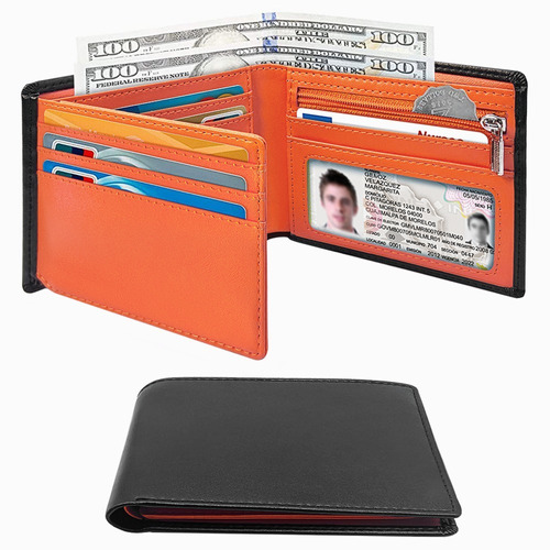 Monedero de cuero negro gran billetera monedero XL identificación estuche opd701f