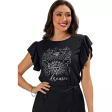 Blusa T-shirt Feminina Preta Em Algodão Com Manga Curta