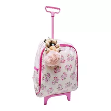 Mochila De Rodinhas Pequena Maternidade Bebê Menina+ Ursinho