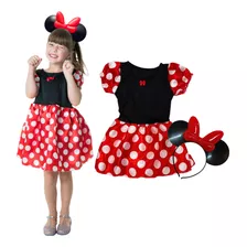 Fantasia Temática Infantil Minnie Mouse Vermelha Com Tiara