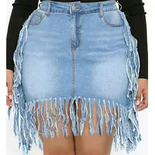 Saia Azul Jeans Franjas Bolso Zíper Elasticidade Tam. Gg