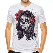 Camiseta Caveira Skull Mulher Halloween Mexicana Rosas