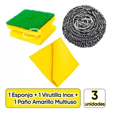 Pack Esponja Acanalada Loza + Virutilla Inox + Paño Multiuso