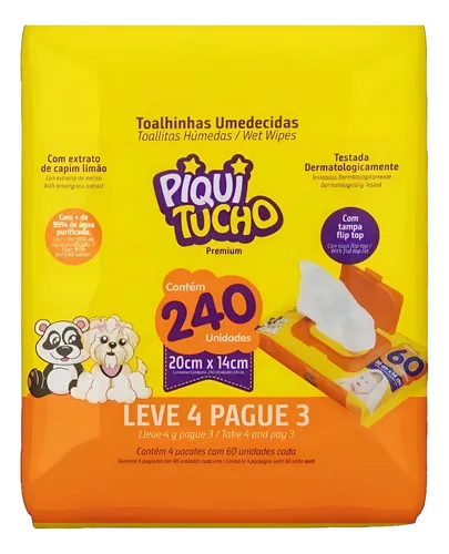 Toalha Umedecida Piquitucho Premium C/4 Pac.c/60 Lenços Cada
