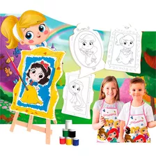 Kit Pintura Infantil Princesas C/ Cavalete 4 Telas 6 Tintas