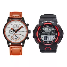 2pcs Reloj Para Hombre Pulsera Cuero Acero Inoxidable Deport