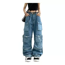 Multi-bolso Azul Lavado Calças De Carga Retro Moda Jeans