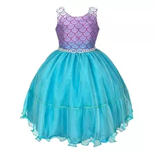 Vestido Infantil Pequena Sereia Ariel Azul Temático Com Laço