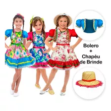 Roupa Junina Vestido Caipira Infantil Manga Curta +brinde