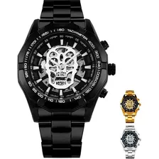 Reloj Winner Hombre Automático Calavera Skull Elegante Color De La Correa Negro