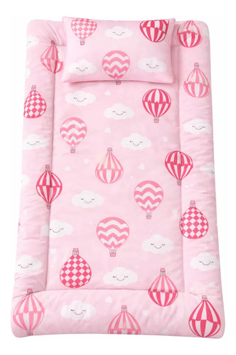 Colchonete Para Carrinho De Bebê + Travesseiro 100% Algodão Balão Rosa