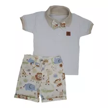 Conjunto Infantil Safari Bege Roupa Festa Bebê Menino 