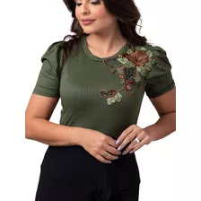 Blusa Em Malha Canelada Com Aplicação.