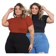 Kit 2 Blusa Plus Size Evangélica Gola Alta Canelada Feminina