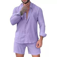 Conjunto De Camisa E Shorts Masculinos De Algodão E Linho