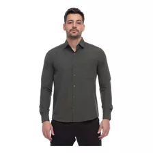 Camisa Social Manga Longa Slim Fácil De Passar Verde Militar