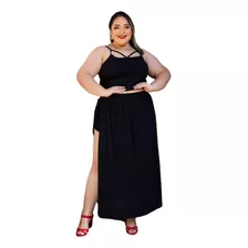 Conjunto Plus Size Cropped Blusinha Short Saia Longa Fenda 