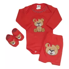 Roupa Bebe Body + Mijão + Sapatinho Bordado Conjunto 3 Peças