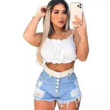 Shorts Jeans Feminino Desfiados Cós Couro Eco Botão Encapado